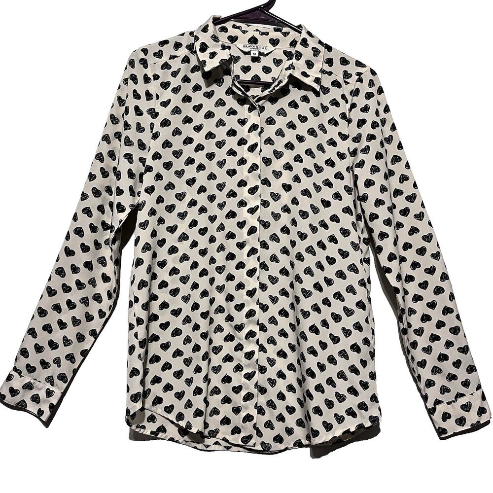 Brave Soul London‎ Heart Pattern Long Sleeve Button Down Collard Blouse Size XS